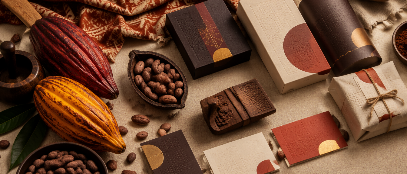 Artisanal cocoa brand identity presented with packaging and stationery